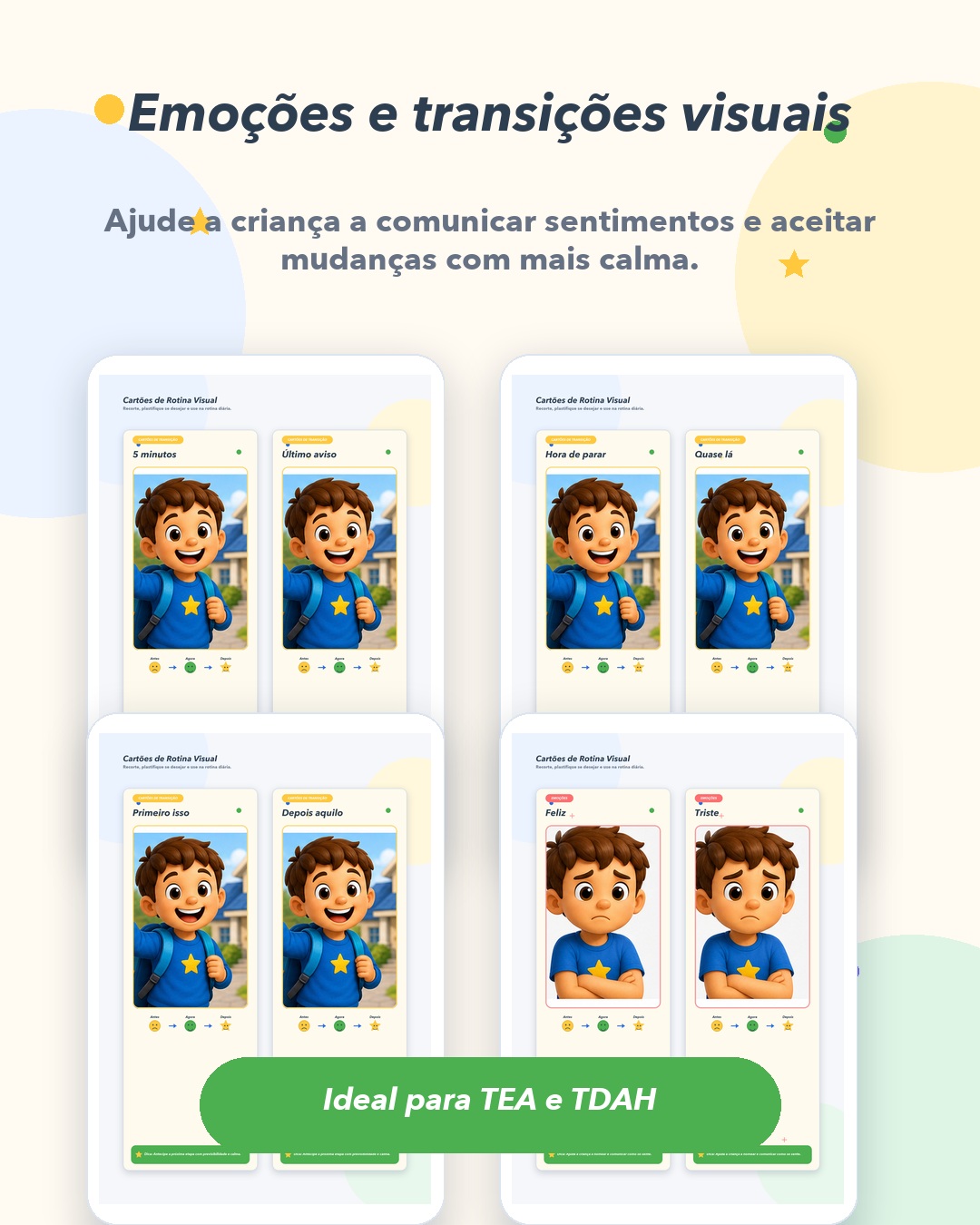 Cartões de emoções e autocuidado