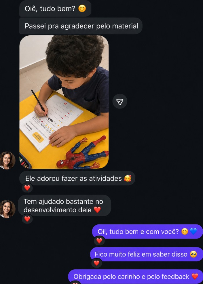 Depoimento de mãe — material ajudando no desenvolvimento