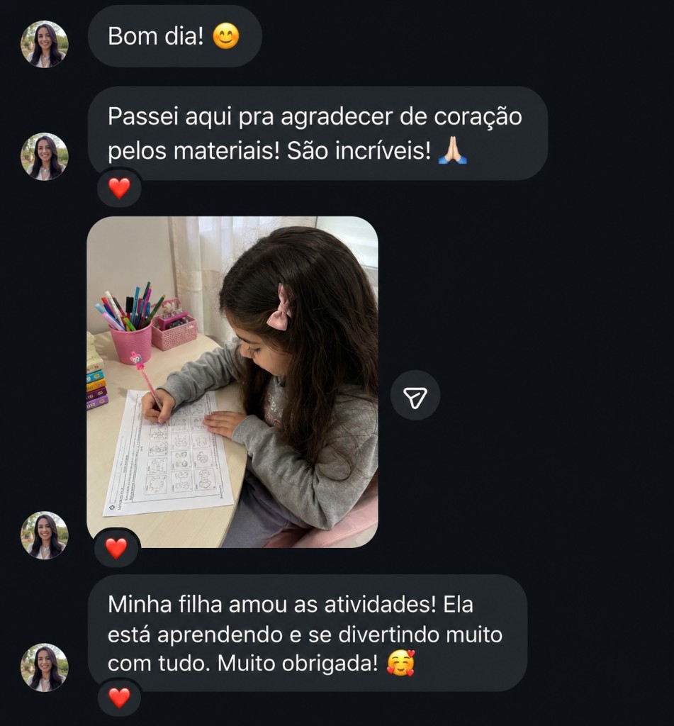 Depoimento — material ajudando no desenvolvimento do filho